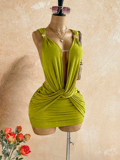 Soleia Sexy Design V-Neck Metal Decor Shoulder Strap Backless Wrap Mini Dress Greek Mythology Style For Date Night Club Party Out Summer Olive Green