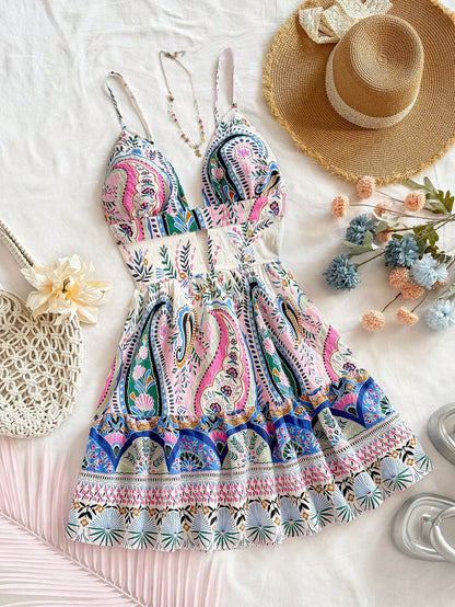 Soleia White And Blue Floral Elegant Tropical Hollow Out Backless Spaghetti Strap Mini Dress For Beach Wedding Guest No Chest Padding