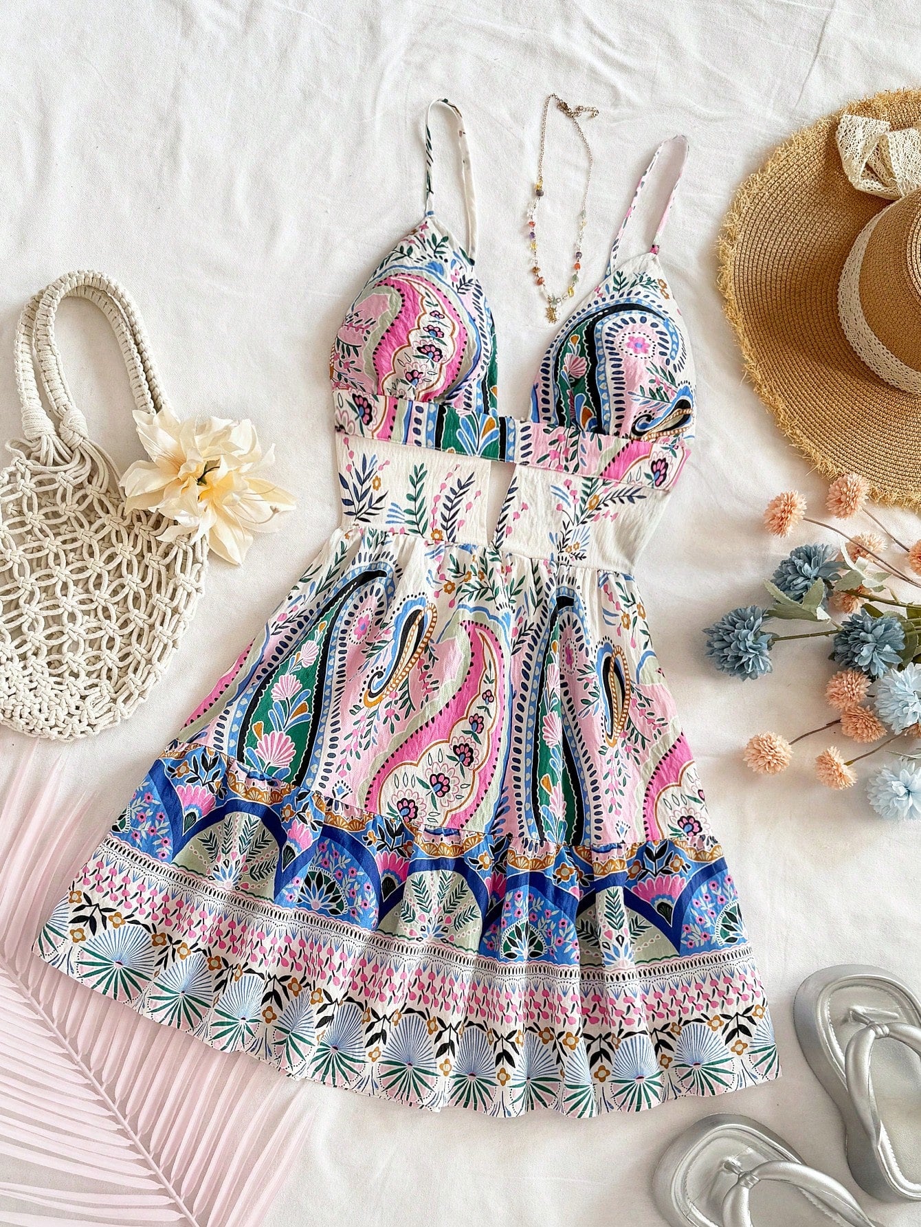 Soleia White And Blue Floral Elegant Tropical Hollow Out Backless Spaghetti Strap Mini Dress For Beach Wedding Guest No Chest Padding