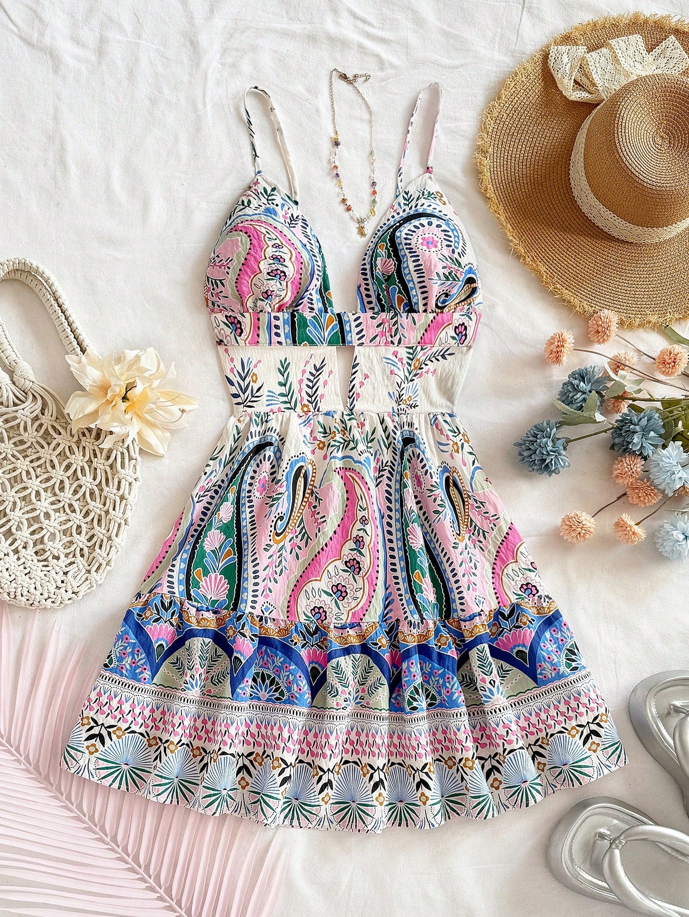 Soleia White And Blue Floral Elegant Tropical Hollow Out Backless Spaghetti Strap Mini Dress For Beach Wedding Guest No Chest Padding