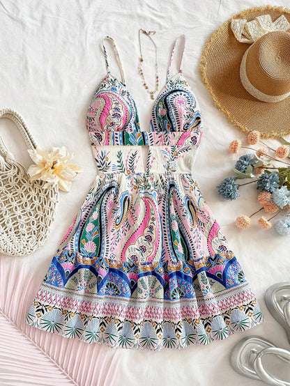 Soleia White And Blue Floral Elegant Tropical Hollow Out Backless Spaghetti Strap Mini Dress For Beach Wedding Guest No Chest Padding
