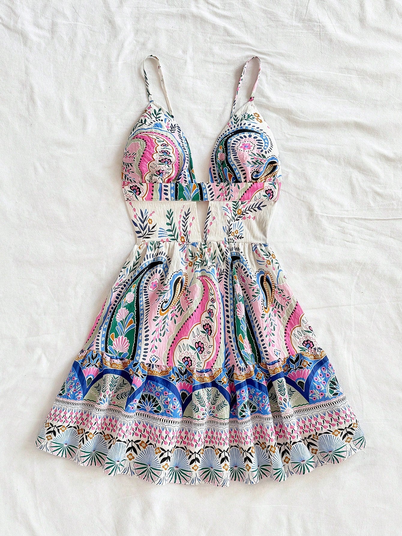 Soleia White And Blue Floral Elegant Tropical Hollow Out Backless Spaghetti Strap Mini Dress For Beach Wedding Guest No Chest Padding