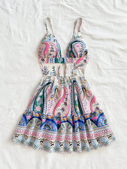 Soleia White And Blue Floral Elegant Tropical Hollow Out Backless Spaghetti Strap Mini Dress For Beach Wedding Guest No Chest Padding
