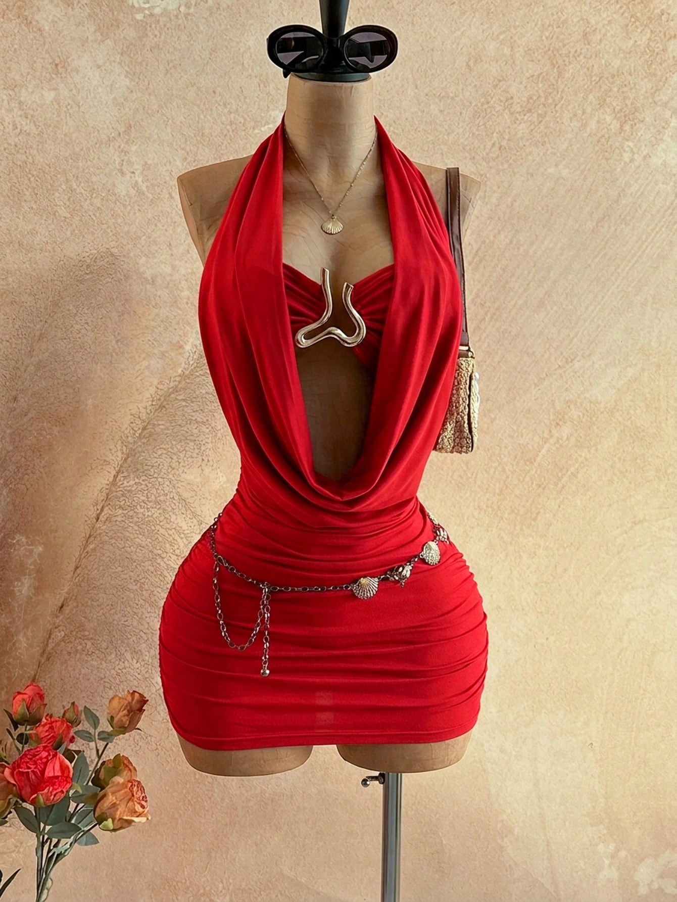 Soleia Women's Cowl Neck Backless Halter Mini Dress,No Breast Pads