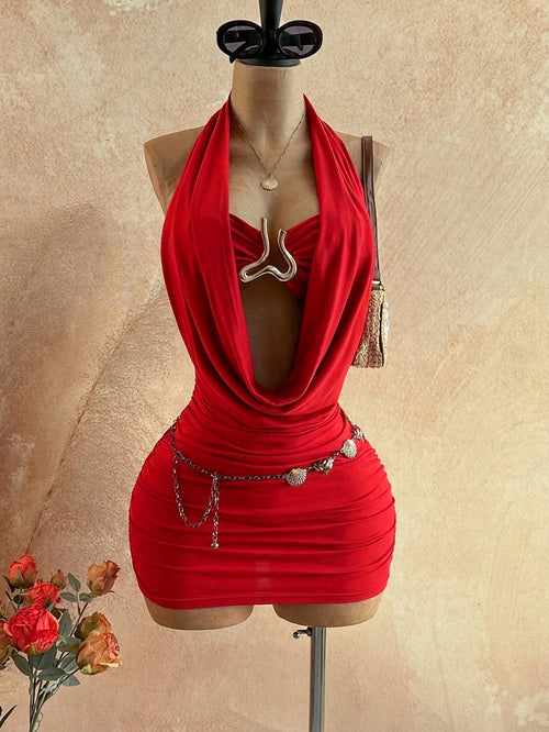 Soleia Women's Cowl Neck Backless Halter Mini Dress,No Breast Pads
