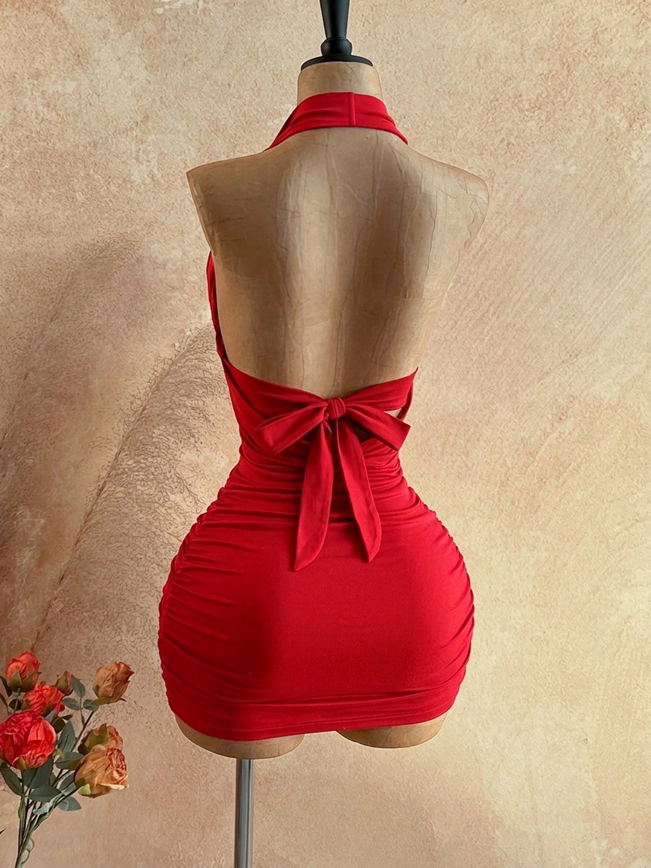 Soleia Women's Cowl Neck Backless Halter Mini Dress,No Breast Pads