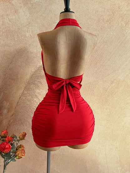 Soleia Women's Cowl Neck Backless Halter Mini Dress,No Breast Pads