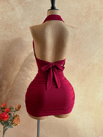 Soleia Women's Cowl Neck Backless Halter Mini Dress,No Breast Pads
