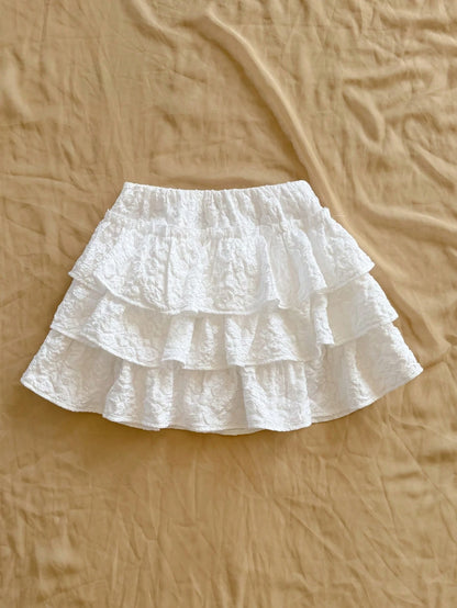 Soleia Women's Cute White Summer Vacation Holiday Mini Skirt,Woven Jacquard Textured Low Waist A-Line Ruffle Hem,Suitable For Party,Date,Beach Cruise