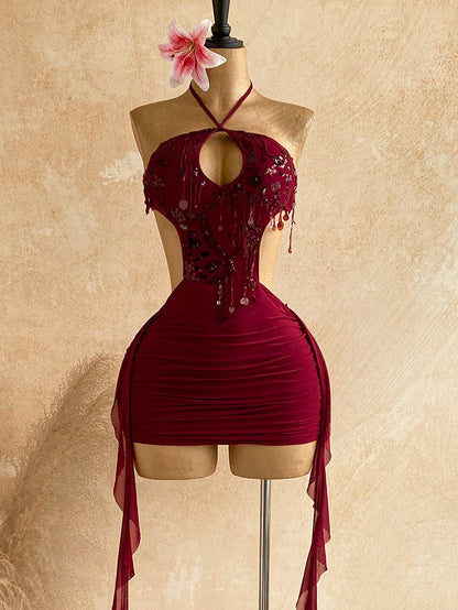 Soleia Women's Halter Tie-Up Sequin Patchwork Ruched Sexy Date Jumpsuit,No Bra Cup