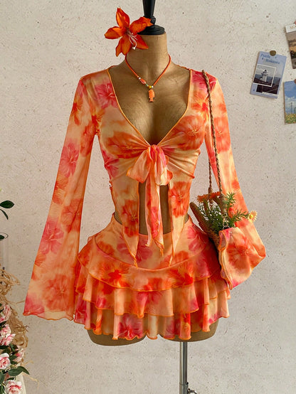 Soleia Women's Orange Floral Autumn Casual Tropical Holiday Vacation Vintage Letter Print Long Sleeve Tie Front Cover Up Mini Skirt 2 Pieces Set Boho Beach