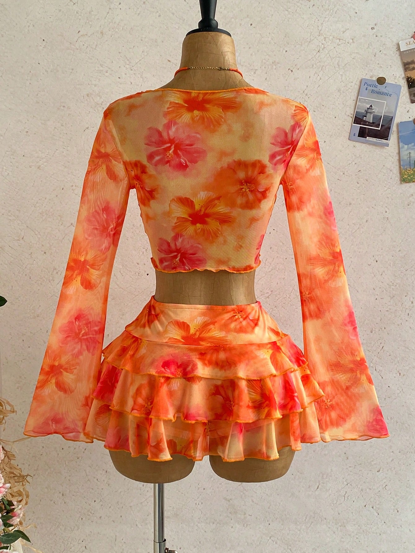 Soleia Women's Orange Floral Autumn Casual Tropical Holiday Vacation Vintage Letter Print Long Sleeve Tie Front Cover Up Mini Skirt 2 Pieces Set Boho Beach