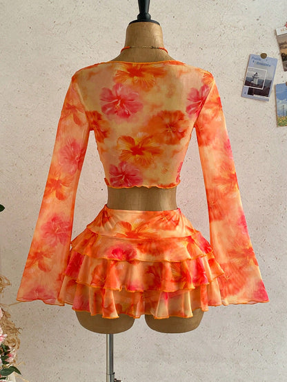 Soleia Women's Orange Floral Autumn Casual Tropical Holiday Vacation Vintage Letter Print Long Sleeve Tie Front Cover Up Mini Skirt 2 Pieces Set Boho Beach