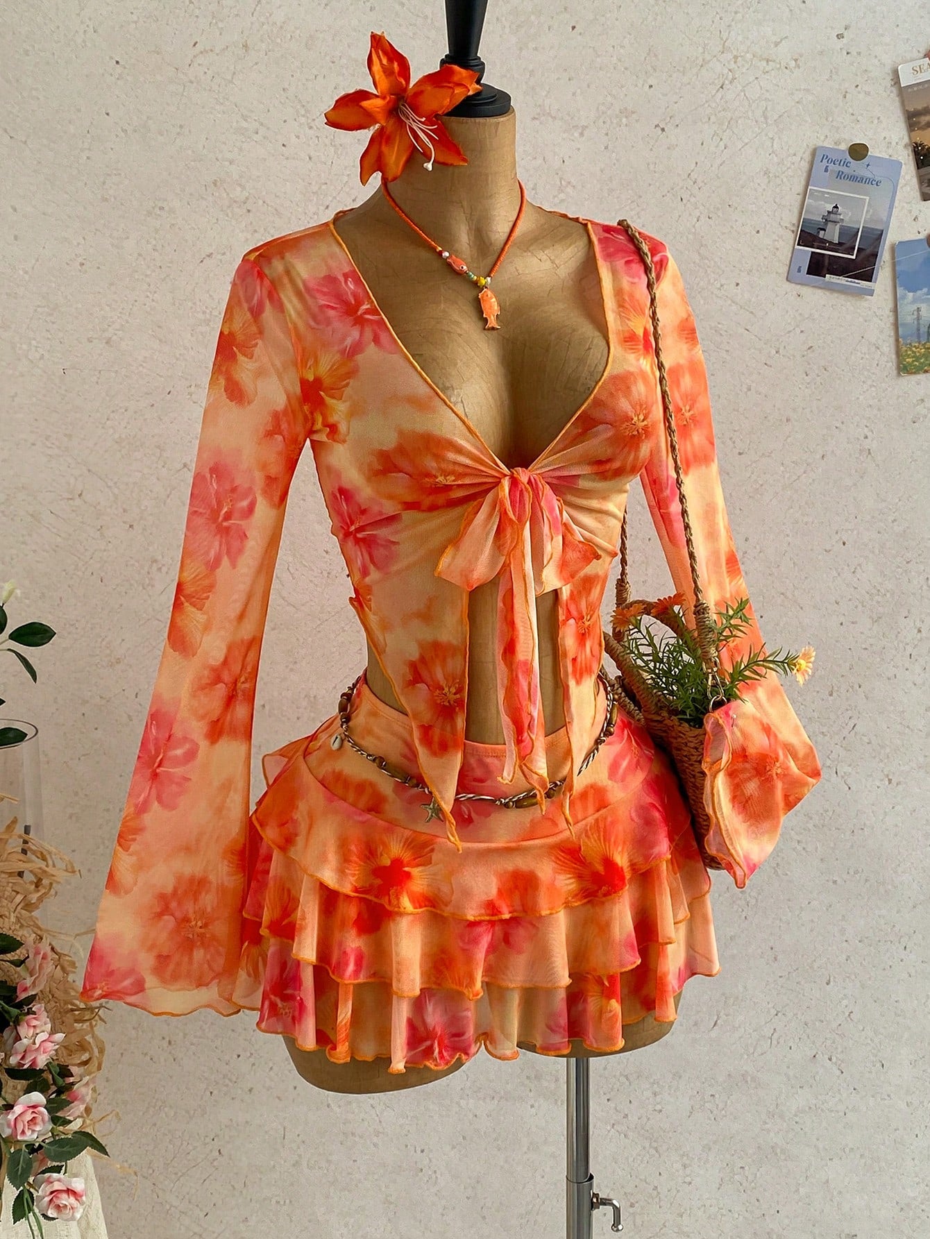 Soleia Women's Orange Floral Autumn Casual Tropical Holiday Vacation Vintage Letter Print Long Sleeve Tie Front Cover Up Mini Skirt 2 Pieces Set Boho Beach