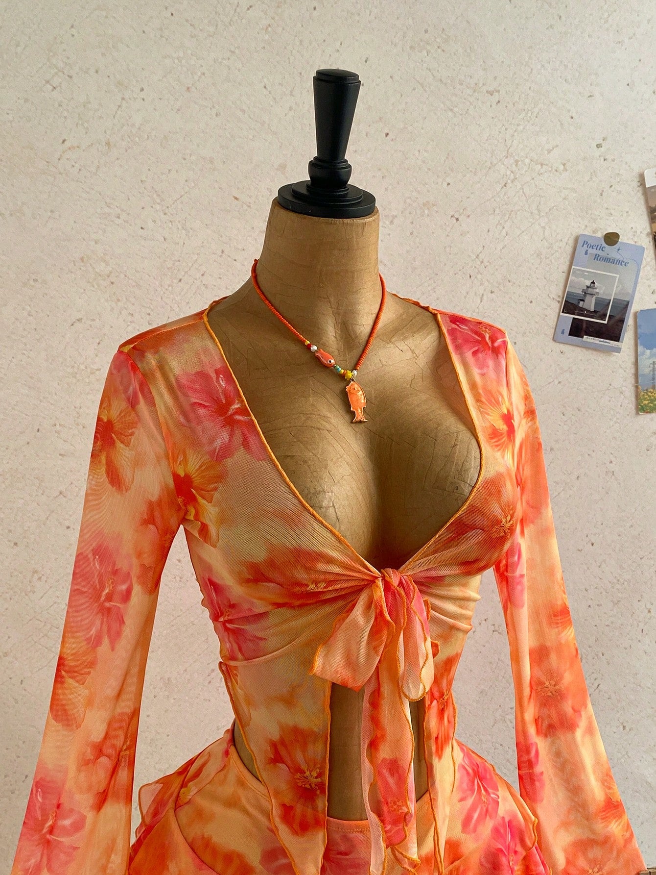 Soleia Women's Orange Floral Autumn Casual Tropical Holiday Vacation Vintage Letter Print Long Sleeve Tie Front Cover Up Mini Skirt 2 Pieces Set Boho Beach