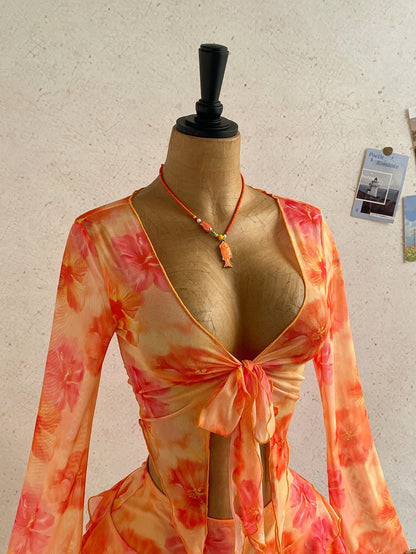 Soleia Women's Orange Floral Autumn Casual Tropical Holiday Vacation Vintage Letter Print Long Sleeve Tie Front Cover Up Mini Skirt 2 Pieces Set Boho Beach