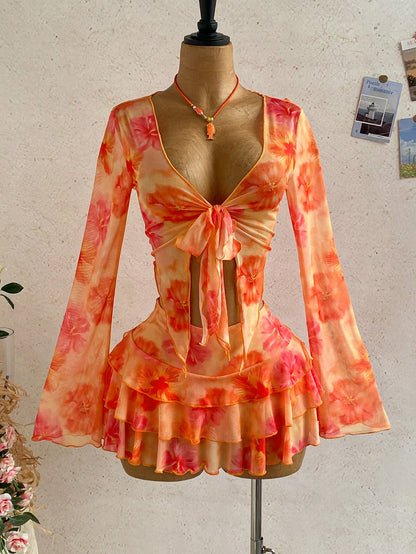 Soleia Women's Orange Floral Autumn Casual Tropical Holiday Vacation Vintage Letter Print Long Sleeve Tie Front Cover Up Mini Skirt 2 Pieces Set Boho Beach