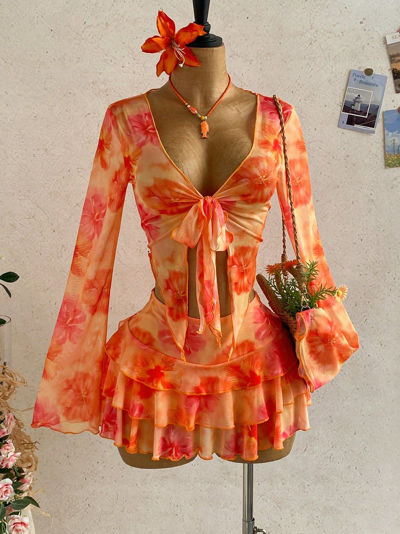 Soleia Women's Orange Floral Autumn Casual Tropical Holiday Vacation Vintage Letter Print Long Sleeve Tie Front Cover Up Mini Skirt 2 Pieces Set Boho Beach