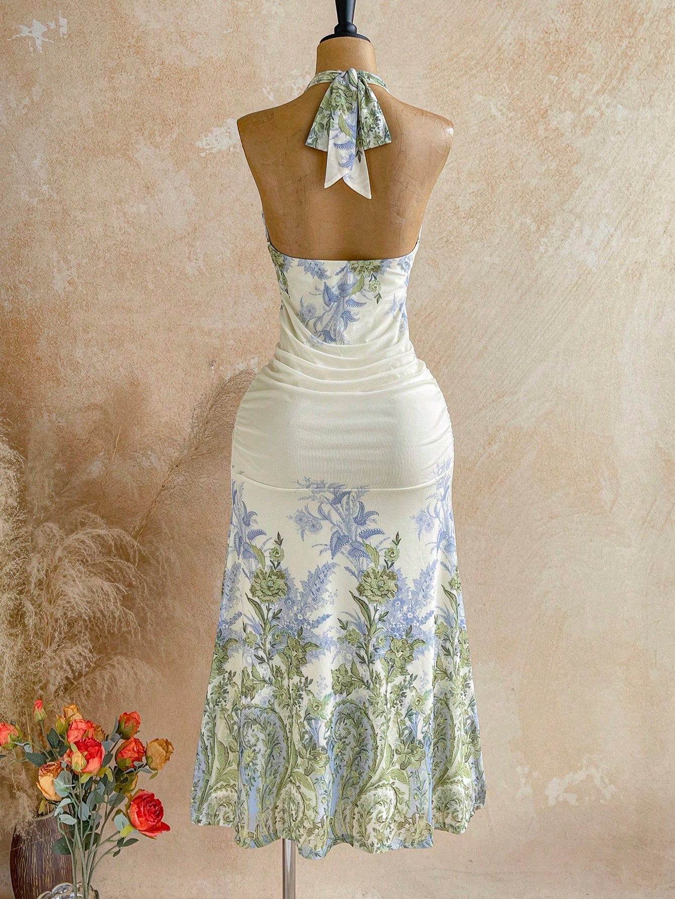 Soleia Women's Sleeveless Backless Floral Print Dress, Elegant Summer Brunch Vacation Blue Floral