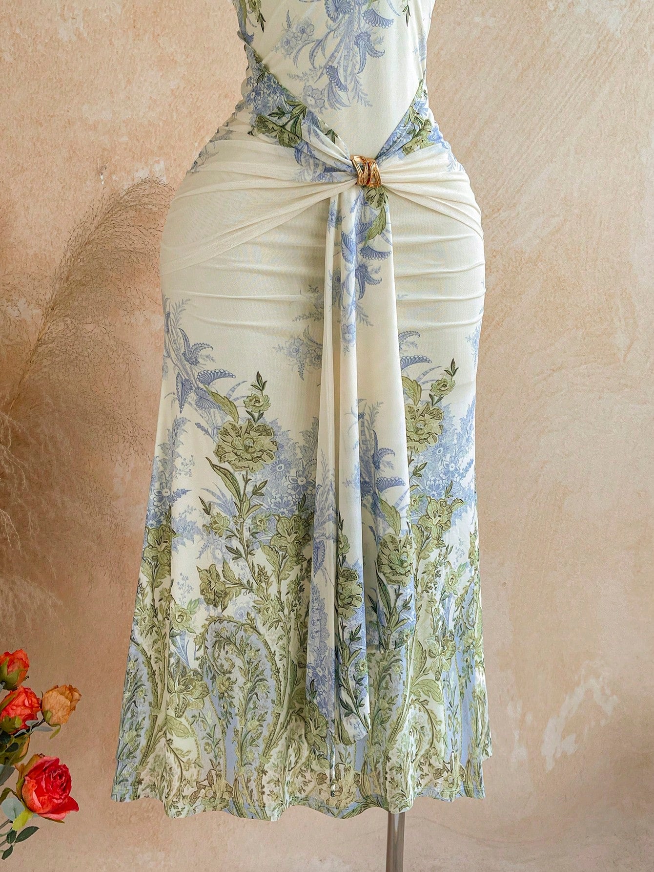 Soleia Women's Sleeveless Backless Floral Print Dress, Elegant Summer Brunch Vacation Blue Floral