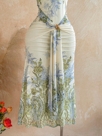 Soleia Women's Sleeveless Backless Floral Print Dress, Elegant Summer Brunch Vacation Blue Floral