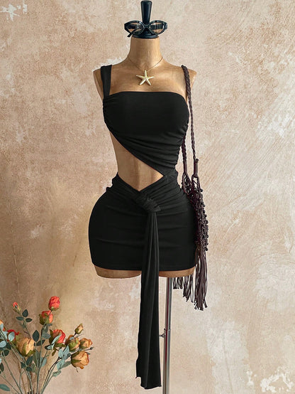 Soleia Women's Solid Color Asymmetric Waist Cutout Ruched Sexy Fashion Mini Dress,Black Dress For Women