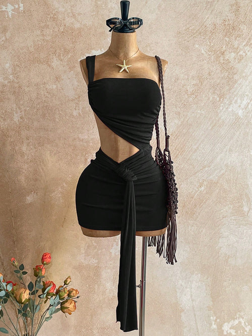Soleia Women's Solid Color Asymmetric Waist Cutout Ruched Sexy Fashion Mini Dress,Black Dress For Women