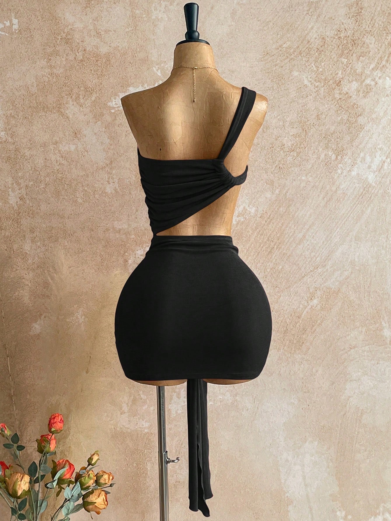 Soleia Women's Solid Color Asymmetric Waist Cutout Ruched Sexy Fashion Mini Dress,Black Dress For Women
