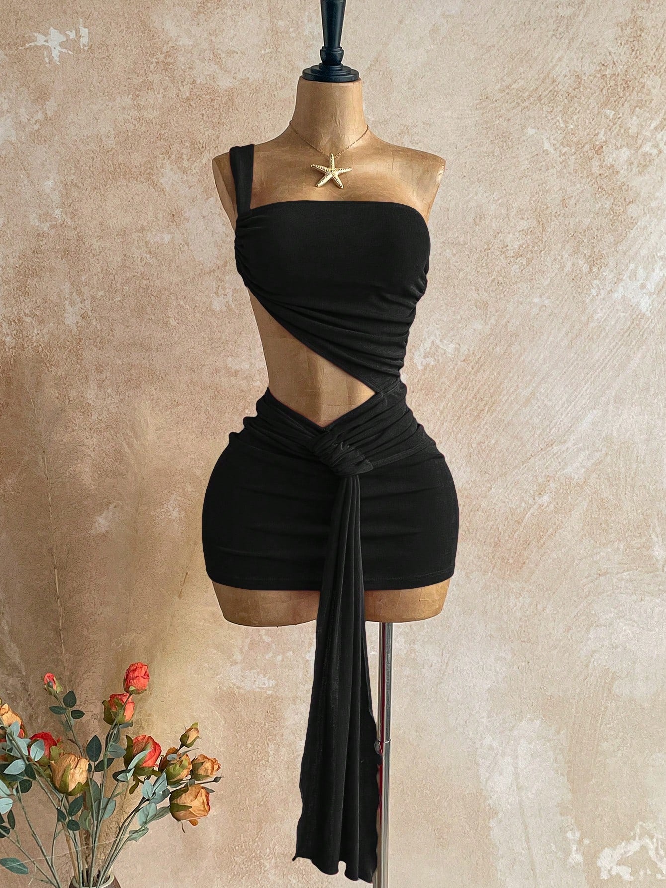 Soleia Women's Solid Color Asymmetric Waist Cutout Ruched Sexy Fashion Mini Dress,Black Dress For Women