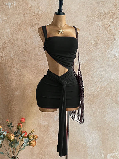 Soleia Women's Solid Color Asymmetric Waist Cutout Ruched Sexy Fashion Mini Dress,Black Dress For Women