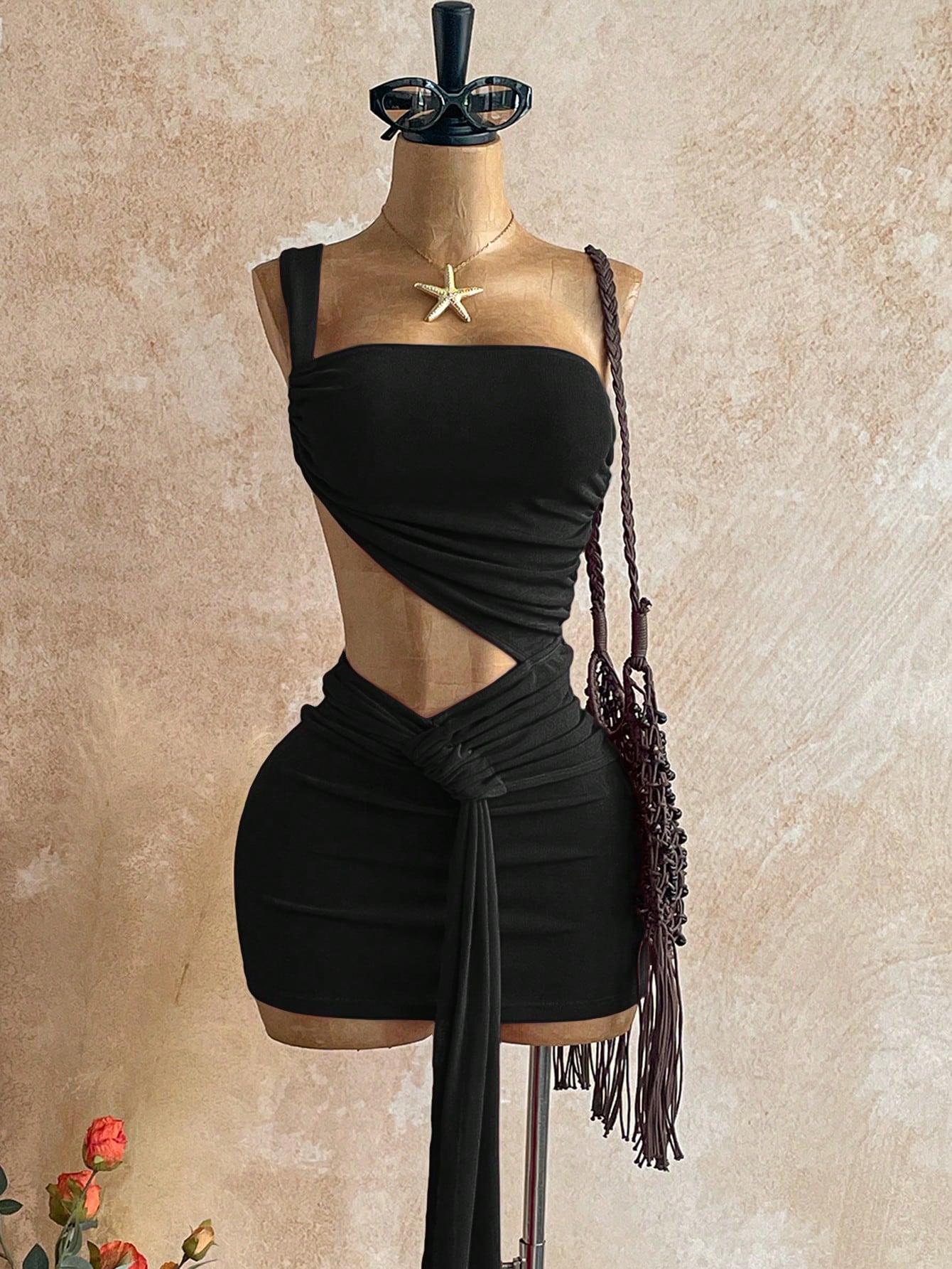 Soleia Women's Solid Color Asymmetric Waist Cutout Ruched Sexy Fashion Mini Dress,Black Dress For Women