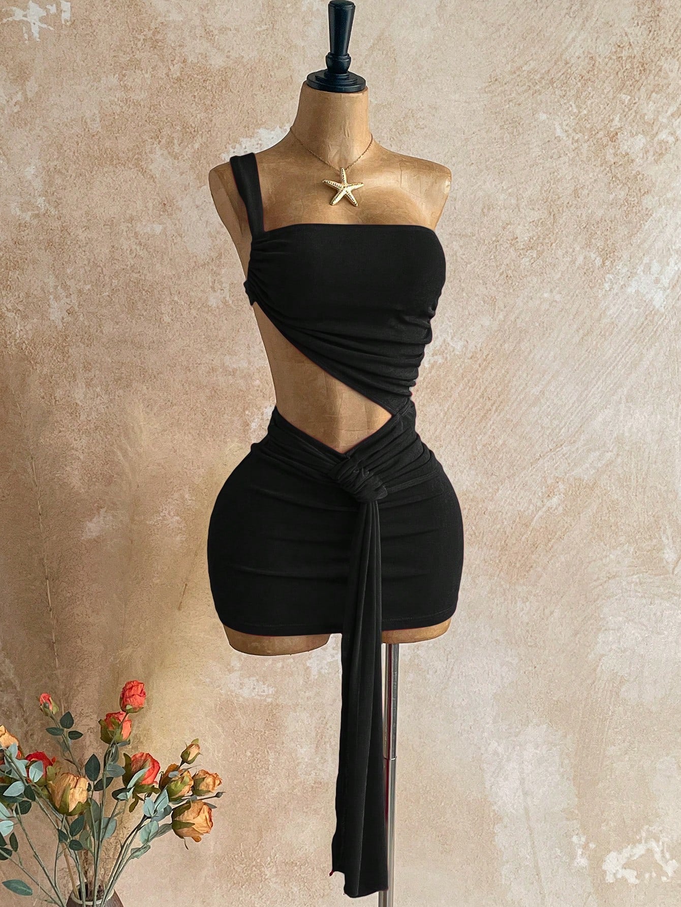 Soleia Women's Solid Color Asymmetric Waist Cutout Ruched Sexy Fashion Mini Dress,Black Dress For Women