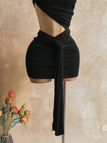 Soleia Women's Solid Color Asymmetric Waist Cutout Ruched Sexy Fashion Mini Dress,Black Dress For Women