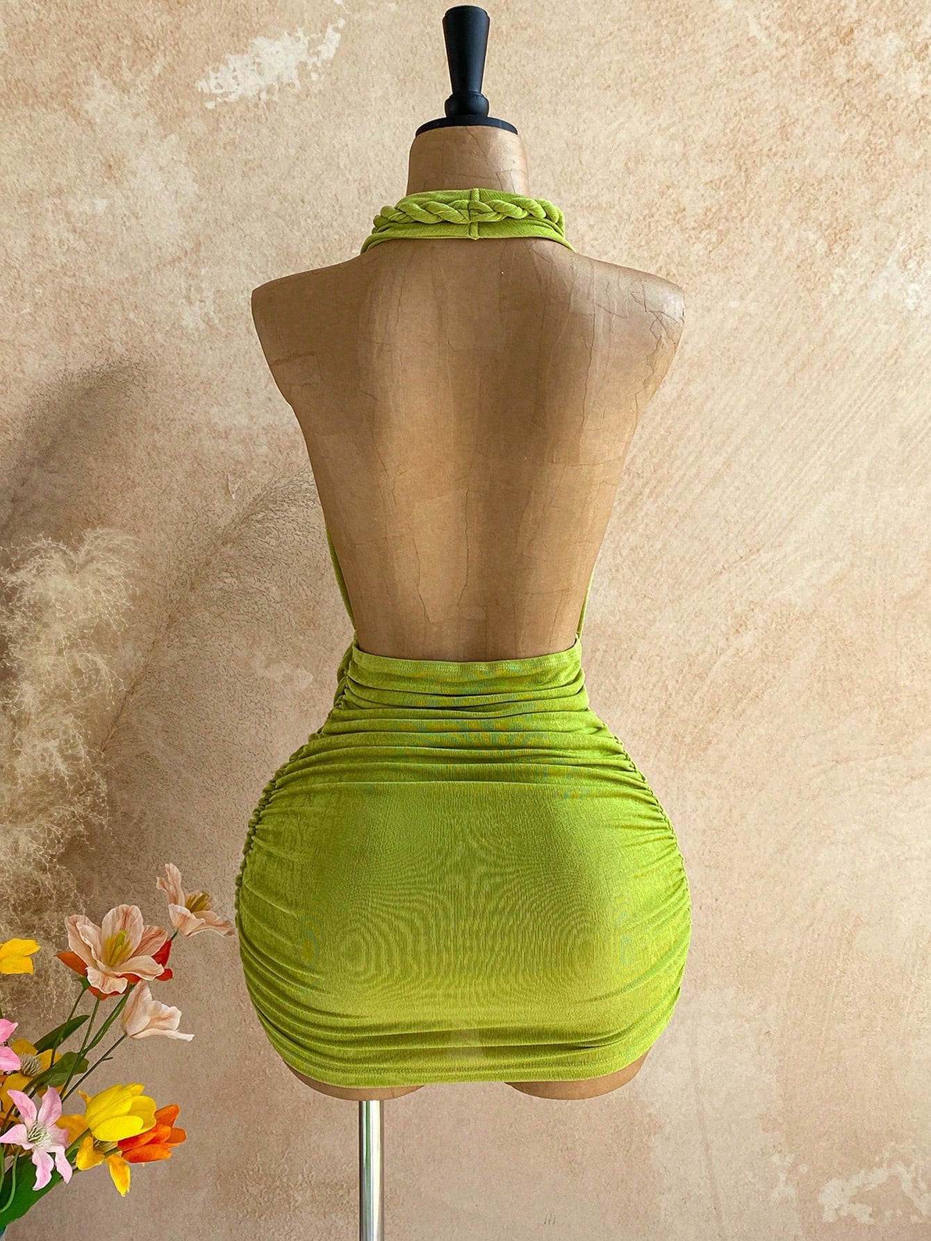 Soleia Women's Solid Color Backless Halter Mini Dress, Suitable For Vacation Beach Party Night Out, Summer Dress, Olive Green Sexy