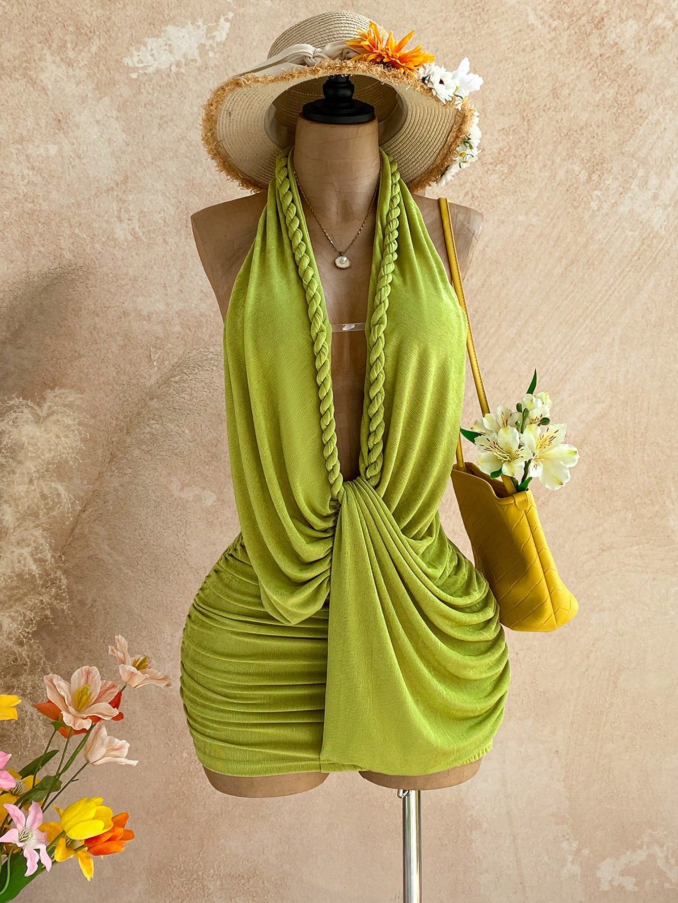 Soleia Women's Solid Color Backless Halter Mini Dress, Suitable For Vacation Beach Party Night Out, Summer Dress, Olive Green Sexy