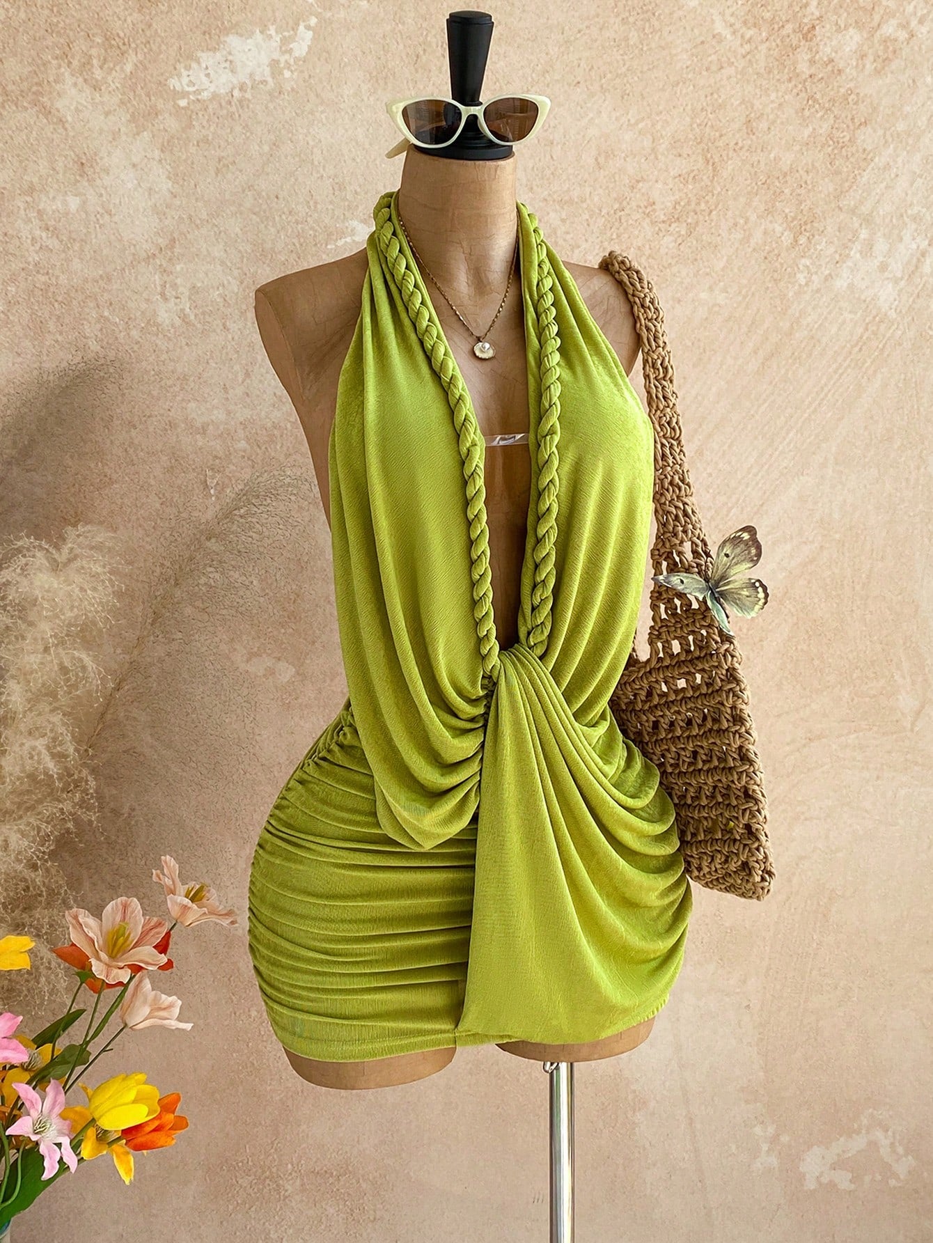 Soleia Women's Solid Color Backless Halter Mini Dress, Suitable For Vacation Beach Party Night Out, Summer Dress, Olive Green Sexy