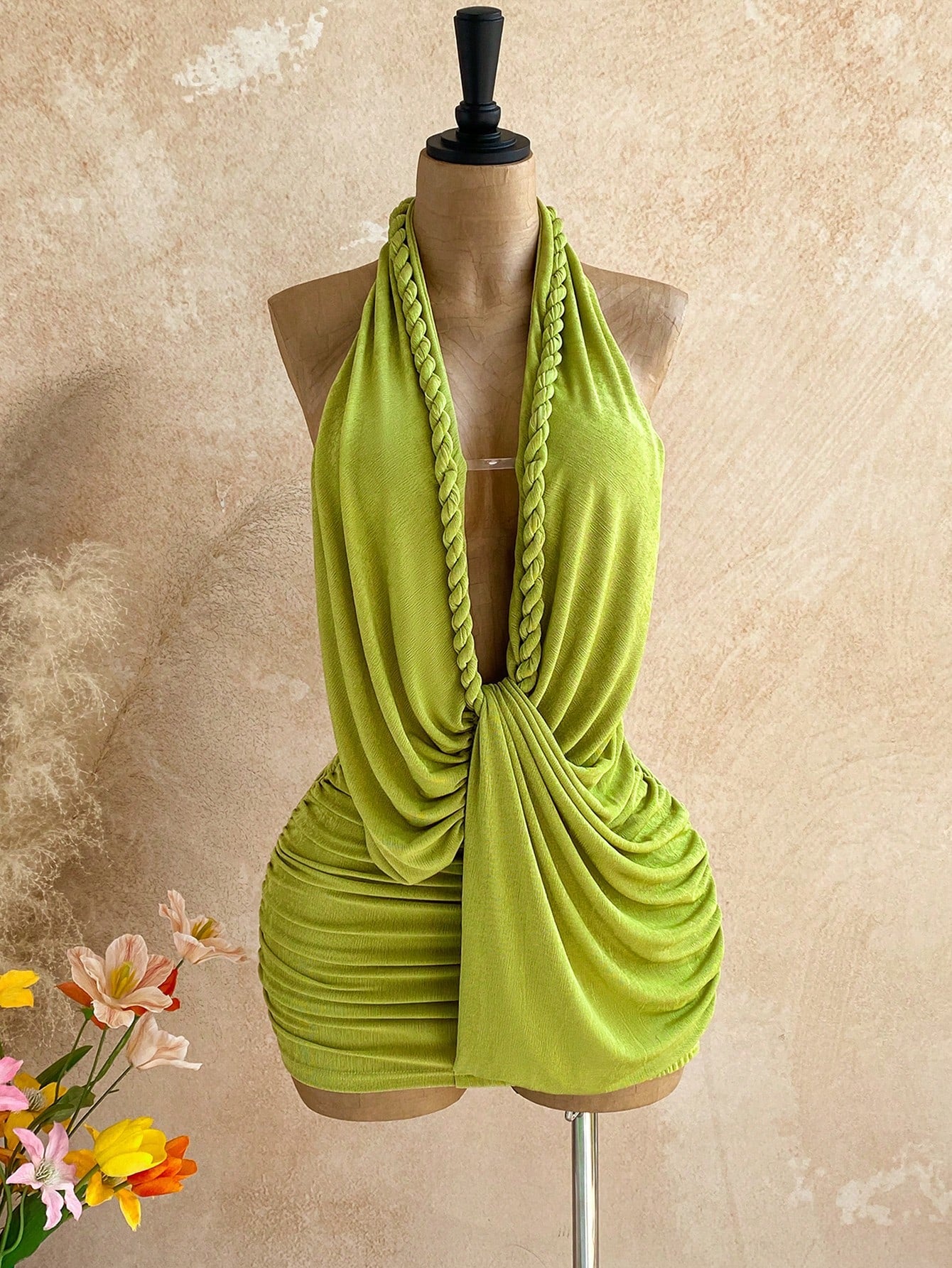 Soleia Women's Solid Color Backless Halter Mini Dress, Suitable For Vacation Beach Party Night Out, Summer Dress, Olive Green Sexy