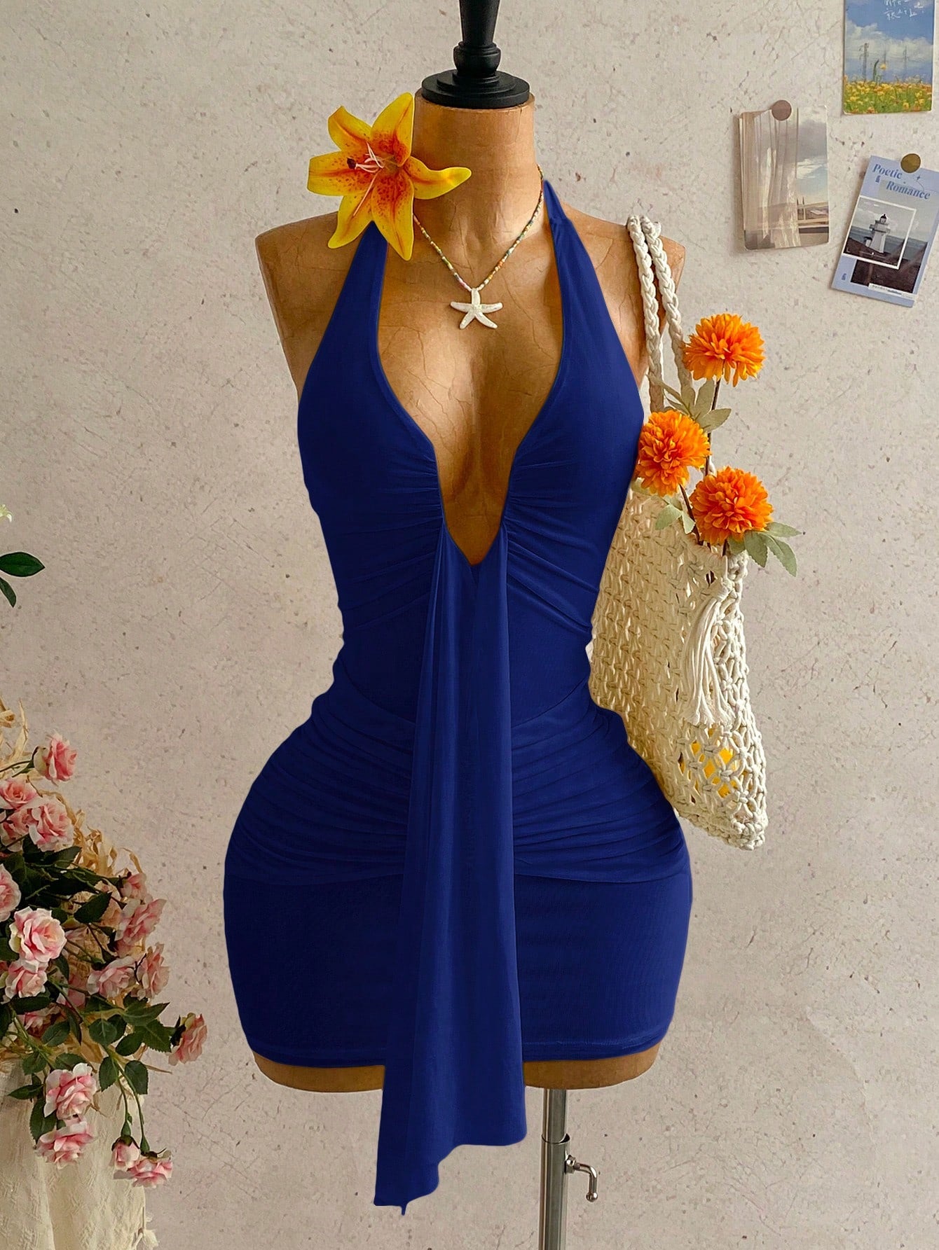 Soleia Women's Solid Color Halter Neck Tie Sexy Date Party Mini Dress,No Chest Padding