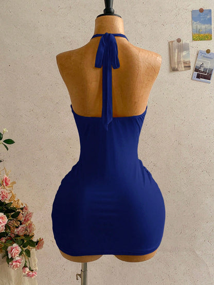 Soleia Women's Solid Color Halter Neck Tie Sexy Date Party Mini Dress,No Chest Padding