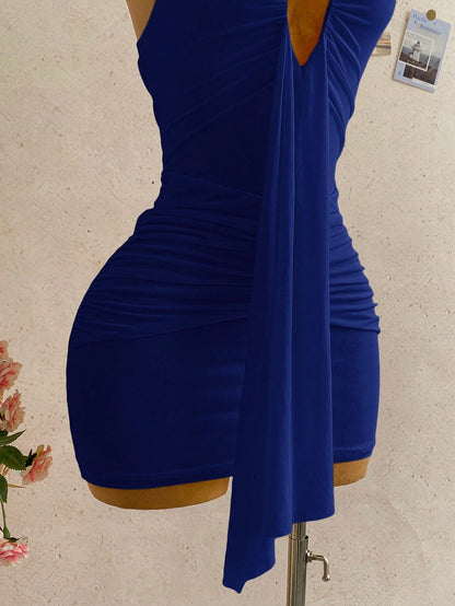 Soleia Women's Solid Color Halter Neck Tie Sexy Date Party Mini Dress,No Chest Padding