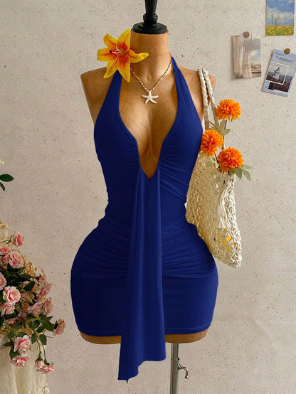 Soleia Women's Solid Color Halter Neck Tie Sexy Date Party Mini Dress,No Chest Padding