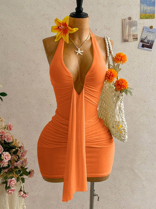 Soleia Women's Solid Color Ruched Halter Tie Waist Elegant Mini Dress, Suitable For Dates And Outings, Dresses For Women Summer