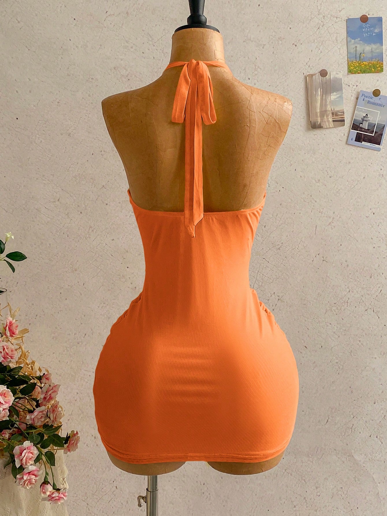Soleia Women's Solid Color Ruched Halter Tie Waist Elegant Mini Dress, Suitable For Dates And Outings, Dresses For Women Summer