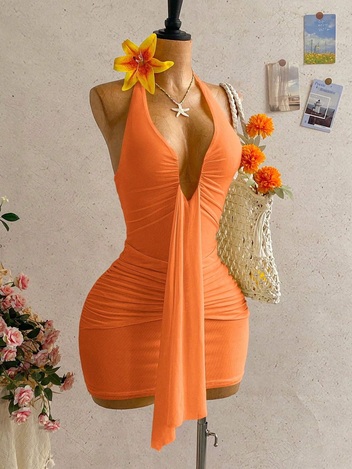 Soleia Women's Solid Color Ruched Halter Tie Waist Elegant Mini Dress, Suitable For Dates And Outings, Dresses For Women Summer