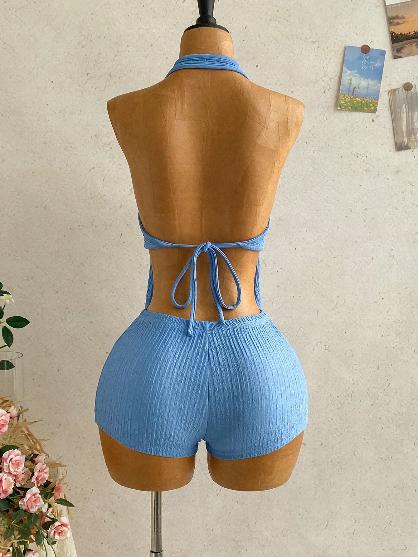 Soleia Women's Vacation Halter Neck Backless Tie-Back Top And Shorts 2-Piece Set,No Breast Pads