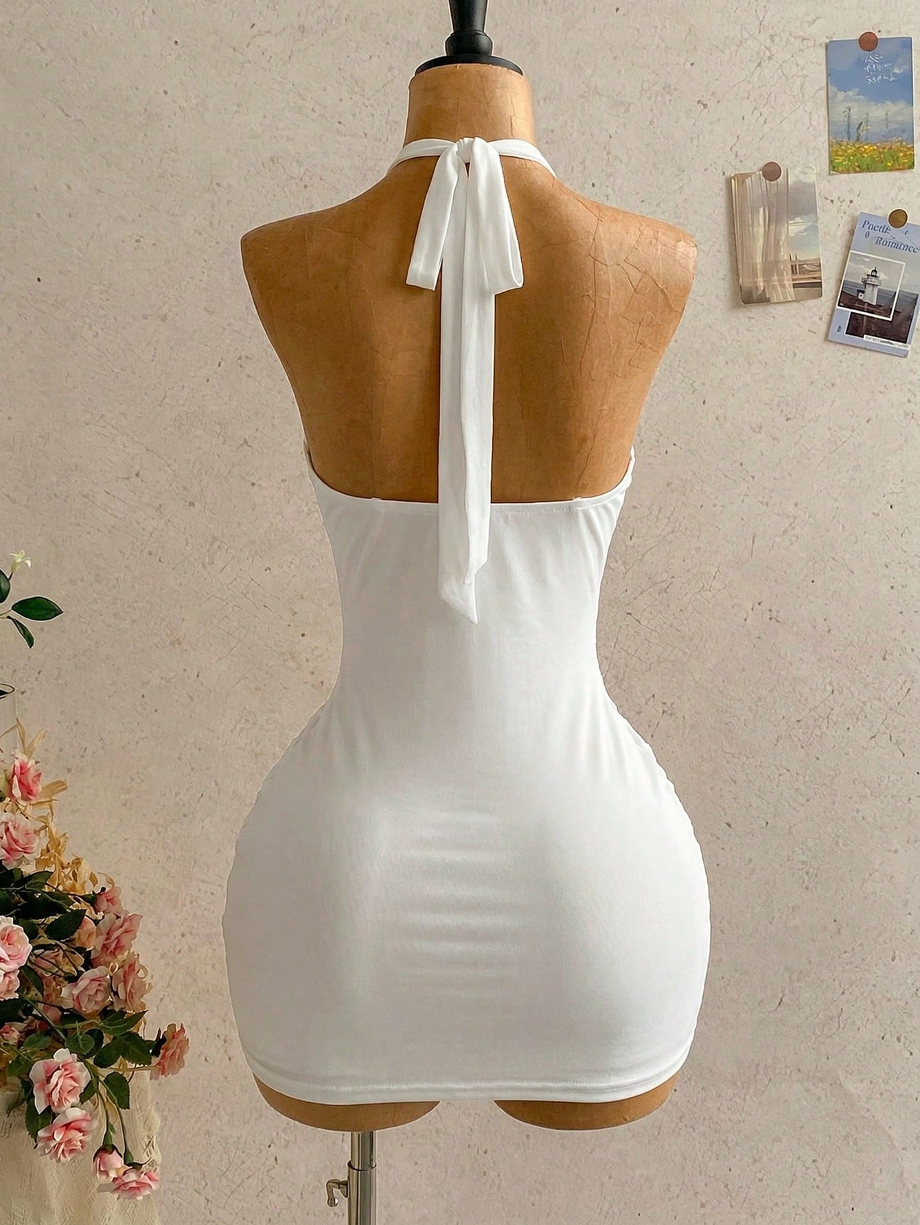 Soleia Women's White Summer V-Neck Tie Strap Backless Ruched Mini Dress,70s Holiday Party Vacation Halter Bodycon Resort Wear One Piece Outfit,Holiday