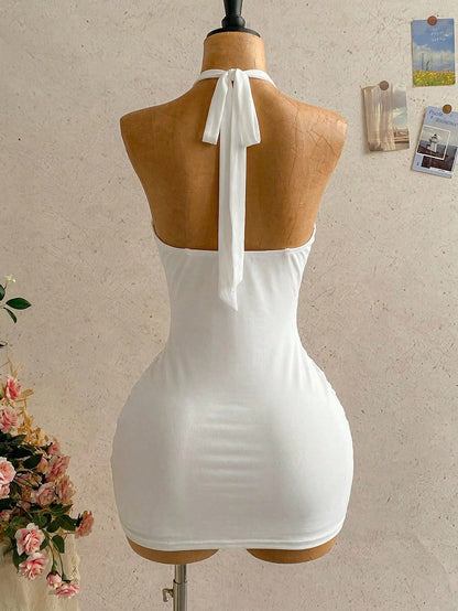Soleia Women's White Summer V-Neck Tie Strap Backless Ruched Mini Dress,70s Holiday Party Vacation Halter Bodycon Resort Wear One Piece Outfit,Holiday