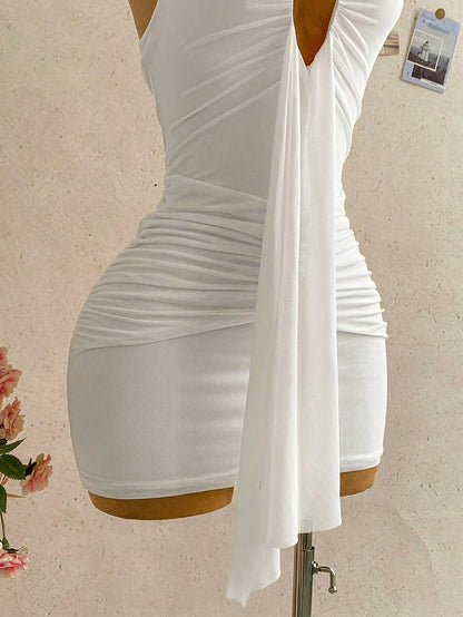 Soleia Women's White Summer V-Neck Tie Strap Backless Ruched Mini Dress,70s Holiday Party Vacation Halter Bodycon Resort Wear One Piece Outfit,Holiday