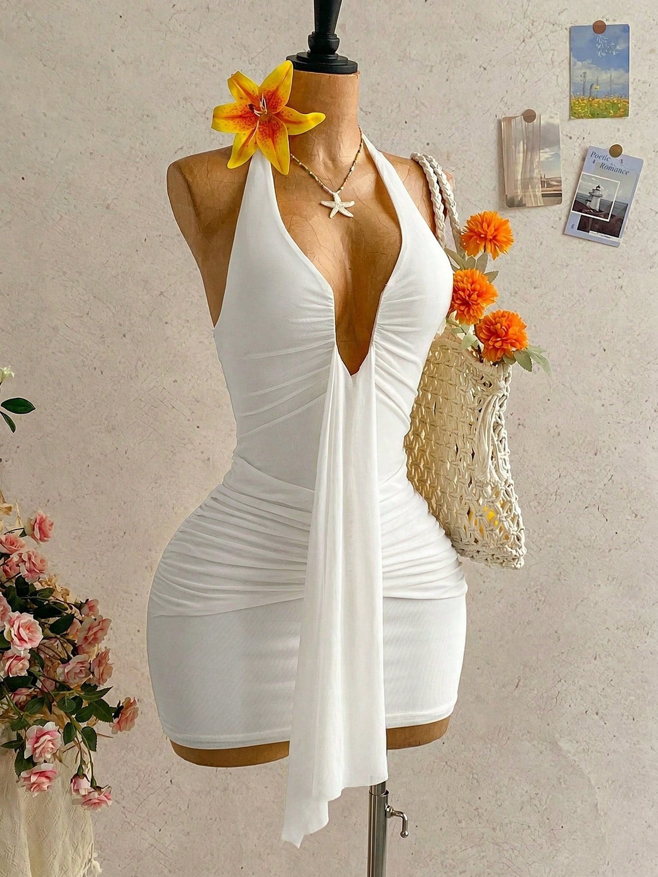 Soleia Women's White Summer V-Neck Tie Strap Backless Ruched Mini Dress,70s Holiday Party Vacation Halter Bodycon Resort Wear One Piece Outfit,Holiday