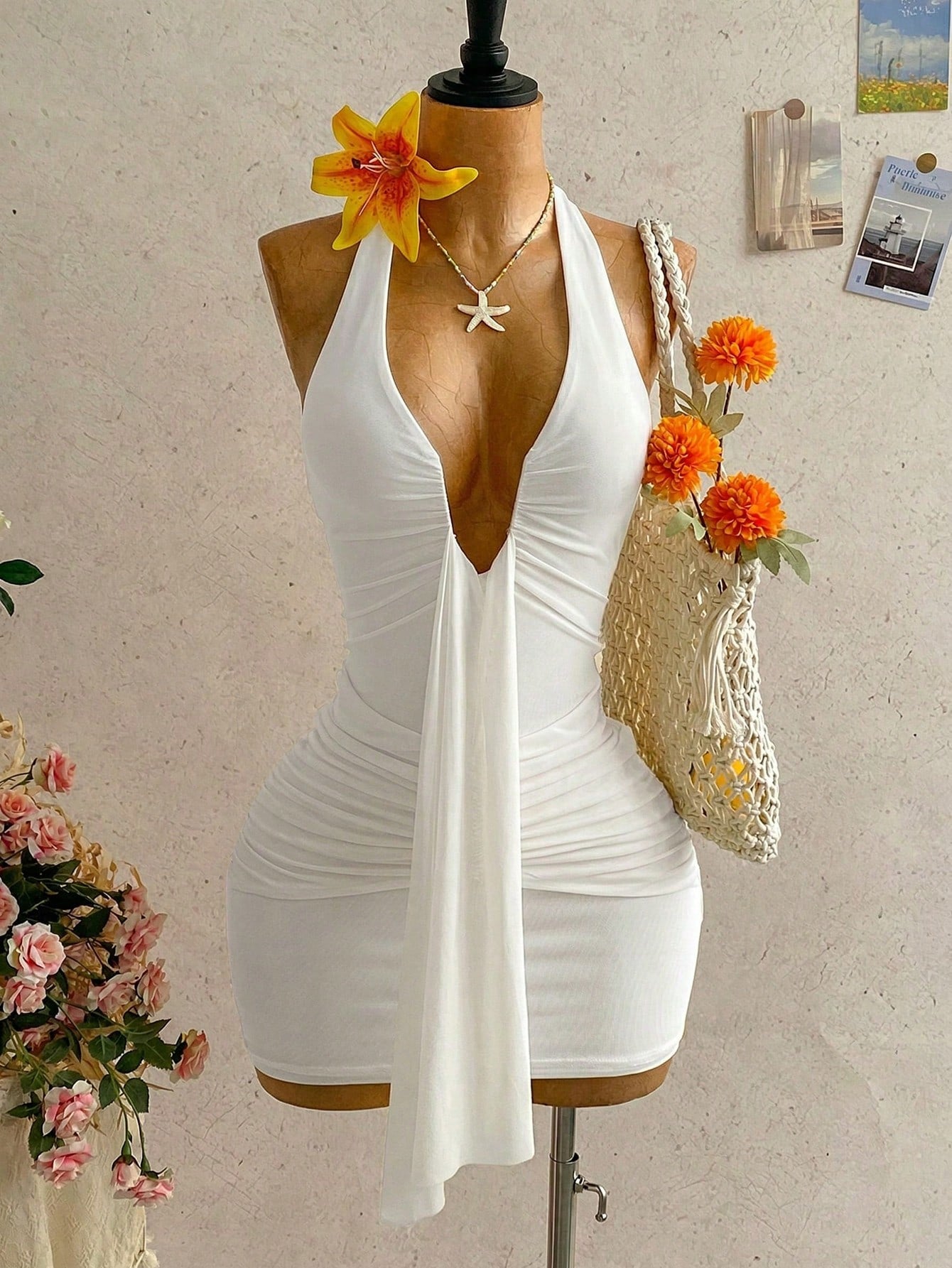 Soleia Women's White Summer V-Neck Tie Strap Backless Ruched Mini Dress,70s Holiday Party Vacation Halter Bodycon Resort Wear One Piece Outfit,Holiday